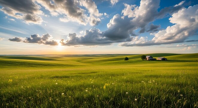 Rolling Green Fields Farm Buildings Sunset Sky landscape