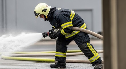 Firefighter Battling Blaze Action Shot of Water Hose