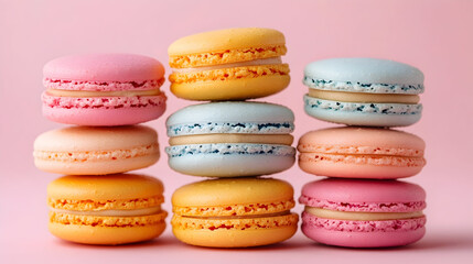 Colorful stacked macarons on pink background
