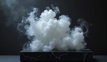 Frozen smoke sculpture &ndash; a plume solidified into a delicate, glass-like form atop a black marble pedestal. Detailed rendering., ultra detailed, 8k resolution, HDR, professional