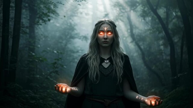 Woman mystical wizard with glowing eyes and hands. Magic forest scene with light rays. Fantasy sorceress casting spell in nature. Footage