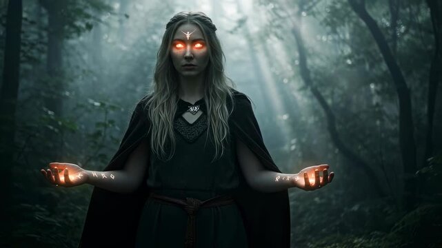 Woman sorceress in a forest with glowing eyes, aura, and runes. Magic and mystery concept.