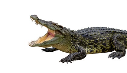 Obraz premium Fearsome Crocodile with Open Mouth isolated on White Background for Threatening Concept