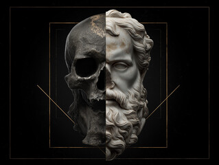 Half marble sculpture and half skull portrait with dramatic lighting on a dark background, symbolizing the duality of life and death