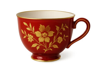 Red teacup featuring golden floral decoration, isolated on transparent background, perfect for showcasing elegance and sophistication