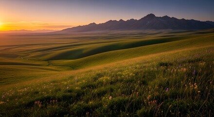 Rolling green hills with wildflowers at sunset rolling hills