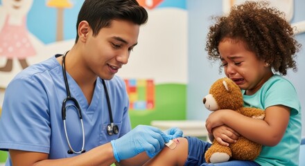 A compassionate male nurse gently treats a crying little girl's scraped knee in a clinic