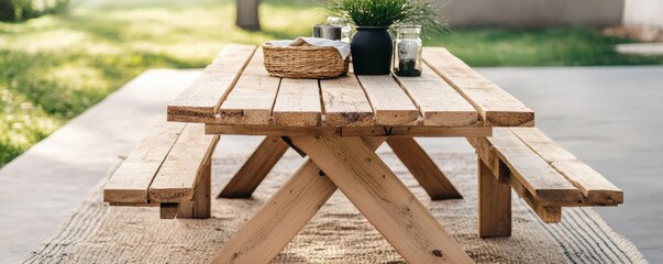 Rustic Wooden Picnic Table with Bench Seats and Table Decor ,Picnic ,Outdoor furniture