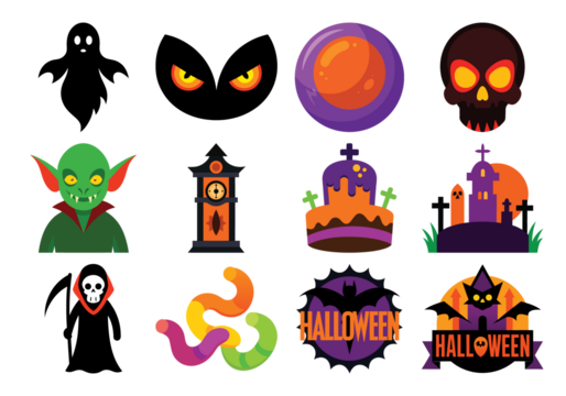 Funny cartoon birds and animals in Halloween costumes with pumpkins bats and spooky symbols - Powered by Adobe