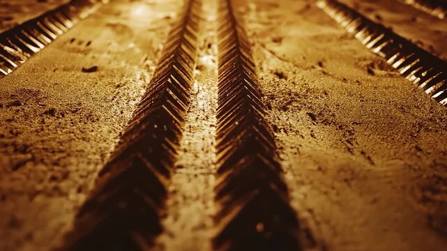 Close-up of parallel tire tracks on a textured surface