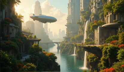 Vibrant Solarpunk city blending futuristic architecture with nature. Airships float amidst cascading waterfalls & greenery in a photorealistic scene, ultra detailed, 8k resolution, HDR, professional