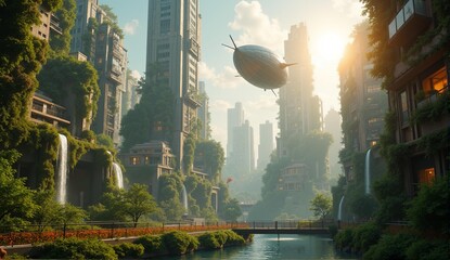 Vibrant Solarpunk city blending futuristic architecture with nature. Airships float amidst cascading waterfalls & greenery in a photorealistic scene, ultra detailed, 8k resolution, HDR, professional