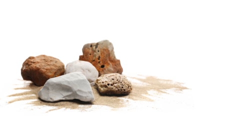 Group beach stone and sand isolated on white background, side view, clipping path	