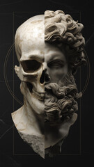 Half marble sculpture and half skull portrait with dramatic lighting on a dark background, symbolizing the duality of life and death