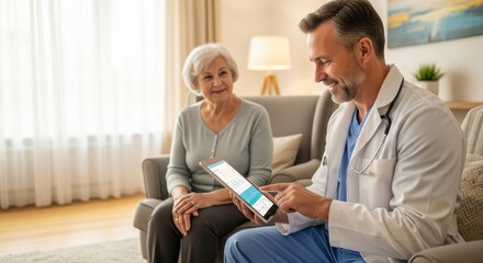 A family doctor on a home visit uses a digital tablet for a health consultation with an elderly patient