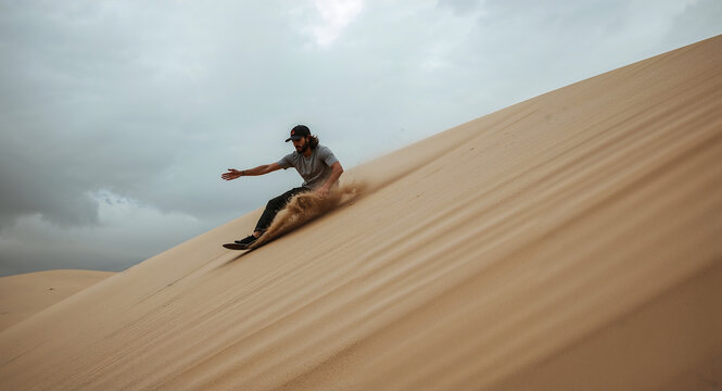 Desert Action Shot with Sandboarding Under Clouds and Wavy Dunes