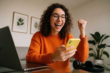 Excited Young Woman Celebrating Good News on Phone, Fueling Innovation and Success in Business and Lifestyle Applications
