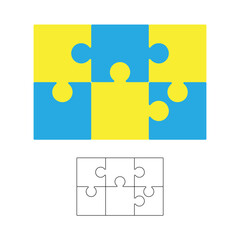 Jigsaw puzzle background, blank 2x3 puzzle template, colorful isolated on white, vector illustration.