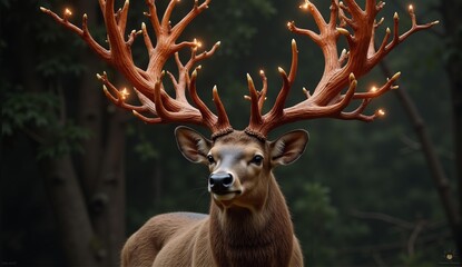 A regal stag with stunning cherry wood antlers blossoming with glowing flowers and a gentle, mossy coat. Fantasy art., ultra detailed, 8k resolution, HDR, professional