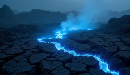 Volcanic landscape with glowing blue fissures and sulfuric vapor. Hyper-detailed, cinematic mood, sharp focus photography., ultra detailed, 8k resolution, HDR, professional