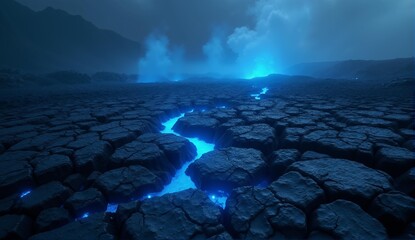 Volcanic landscape with glowing blue fissures and sulfuric vapor. Hyper-detailed, cinematic mood, sharp focus photography., ultra detailed, 8k resolution, HDR, professional