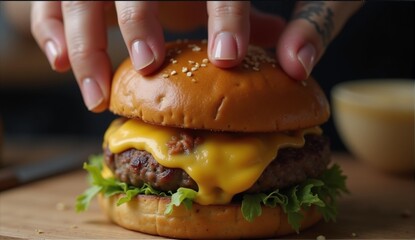 A delicious gourmet smash burger being built, showcasing melted cheddar and a perfect sear for an appealing food photo., ultra detailed, 8k resolution, HDR, professional