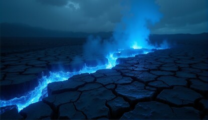 Volcanic landscape with glowing blue fissures and sulfuric vapor. Hyper-detailed, cinematic mood, sharp focus photography., ultra detailed, 8k resolution, HDR, professional