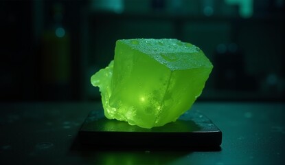 Radioactive mineral glows intensely on a lead plate within a shadowy laboratory setting. Eerie green light dominates the composition., ultra detailed, 8k resolution, HDR, professional