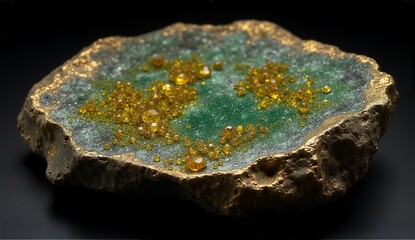 Stunning Pallasite meteorite slice with glowing olivine crystals embedded in a polished iron-nickel matrix, backlit for intense sparkle., ultra detailed, 8k resolution, HDR, professional