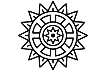 Intricate black and white sun symbol with geometric patterns