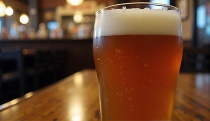 A detailed image of a delicious craft beer in a pub setting, highlighting texture and ambiance., ultra detailed, 8k resolution, HDR, professional
