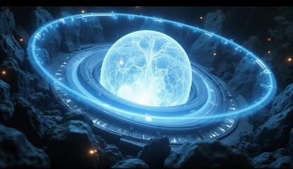 A detailed depiction of a spaceship's futuristic energy core – a pulsating plasma sphere encased in crystalline structures and swirling blue energy , ultra detailed, 8k resolution, HDR, professional