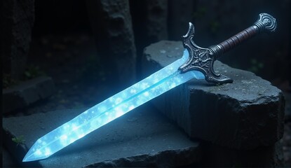 A crystalline fantasy sword glows with blue energy, embedded in a rune-covered stone altar—a scene of magical power and mystery., ultra detailed, 8k resolution, HDR, professional