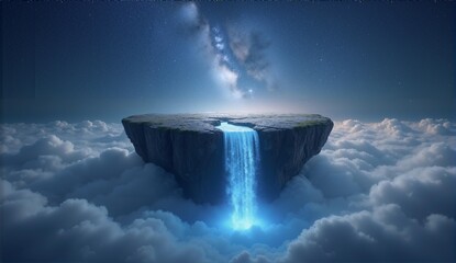 A breathtaking fantasy landscape featuring a floating island, a starlight waterfall, and a cloudy ocean – truly magical!, ultra detailed, 8k resolution, HDR, professional