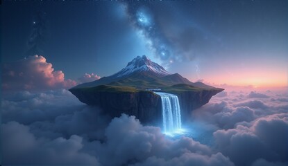 A breathtaking fantasy landscape featuring a floating island, a starlight waterfall, and a cloudy ocean – truly magical!, ultra detailed, 8k resolution, HDR, professional