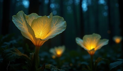 A fantastical plant with translucent, paper-like petals that glow with golden veins at night, lighting up a dark forest., ultra detailed, 8k resolution, HDR, professional