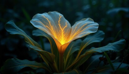 A fantastical plant with translucent, paper-like petals that glow with golden veins at night, lighting up a dark forest., ultra detailed, 8k resolution, HDR, professional