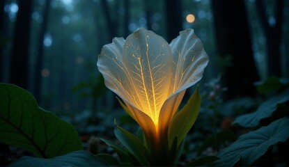 A fantastical plant with translucent, paper-like petals that glow with golden veins at night, lighting up a dark forest., ultra detailed, 8k resolution, HDR, professional