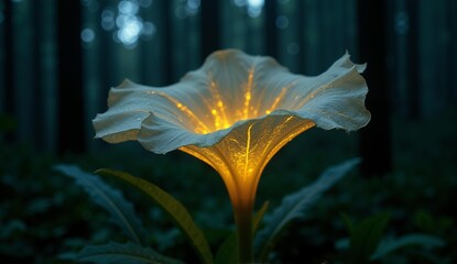 A fantastical plant with translucent, paper-like petals that glow with golden veins at night, lighting up a dark forest., ultra detailed, 8k resolution, HDR, professional