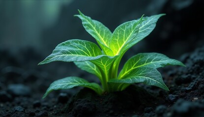 Alien flora glows with vibrant green light within translucent leaves, rooted in stark volcanic earth – a fantastical botanical scene., ultra detailed, 8k resolution, HDR, professional