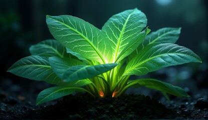 Alien flora glows with vibrant green light within translucent leaves, rooted in stark volcanic earth – a fantastical botanical scene., ultra detailed, 8k resolution, HDR, professional