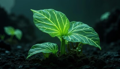 Alien flora glows with vibrant green light within translucent leaves, rooted in stark volcanic earth – a fantastical botanical scene., ultra detailed, 8k resolution, HDR, professional