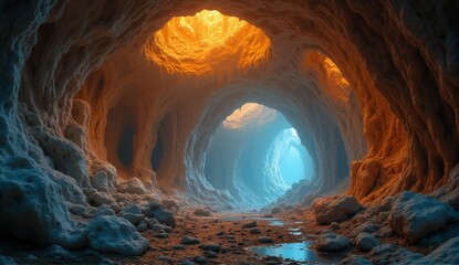 A luminous cavern filled with enormous, glowing calcite 'cave pearls', creating a magical and warm atmosphere within a vast underground space., ultra detailed, 8k resolution, HDR, professional