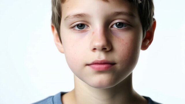 Horizontal video serious emotionless schoolboy in blue t-shirt on white background