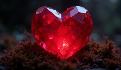 A radiant ruby crystal heart glows softly atop velvet moss, adorned with glistening dewdrops in a magical scene., ultra detailed, 8k resolution, HDR, professional