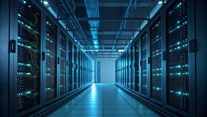 Illuminated server room aisle with rows of glowing computer racks
