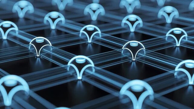 Neon blue glowing network connection with futuristic nodes and lines forming advanced semantic search pattern in dark space environment