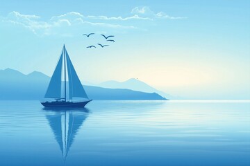 A peaceful flat vector illustration of a sailboat gliding through calm waters, with seagulls overhead and a distant island on the horizon.