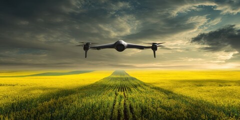 The drone soaring over vibrant yellow fields beneath a dramatic sky.