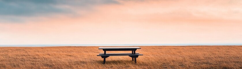 Fototapeta premium Solitary Picnic Table on Golden Field at Sunset,Outdoor, Landscape